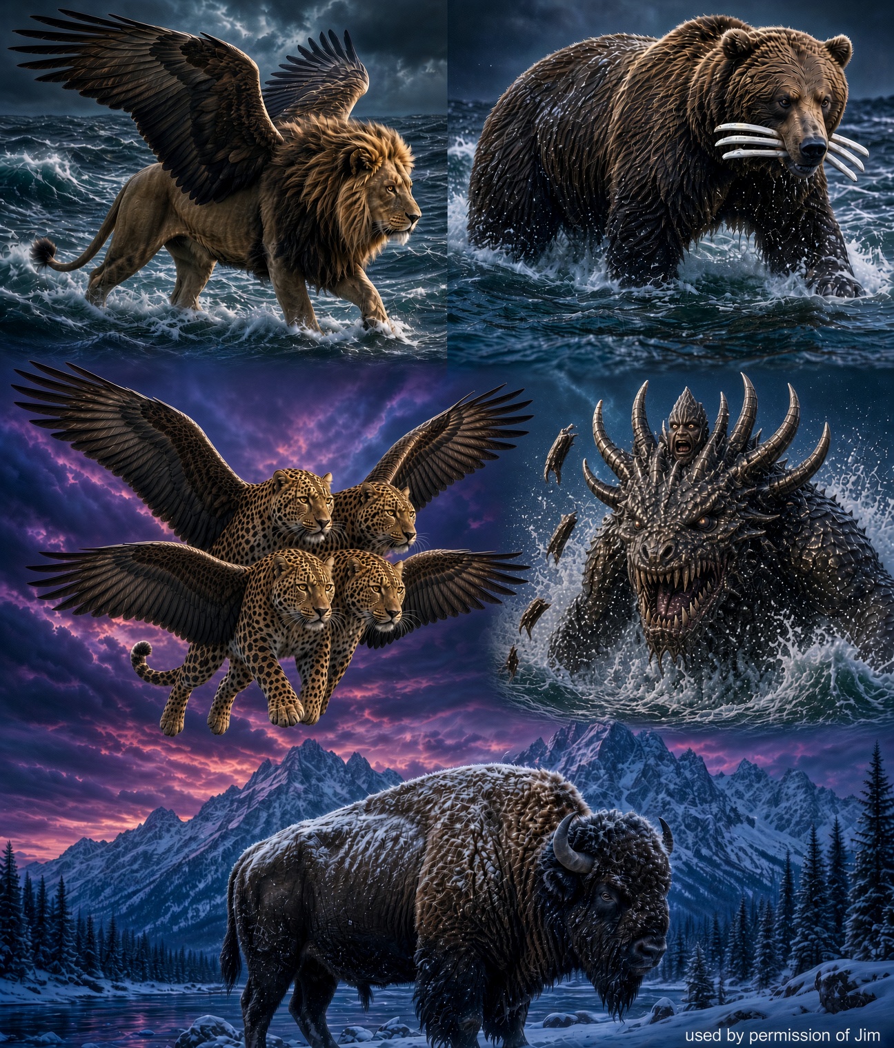 Daniel 7: the lion, the bear, the four-headed leopard, the ten-horned beast, and the bison